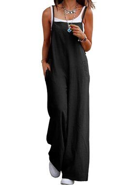 Women's Black Summer Bohemian Floral Jumpsuits Casual Wide Leg Romper Sleeveless